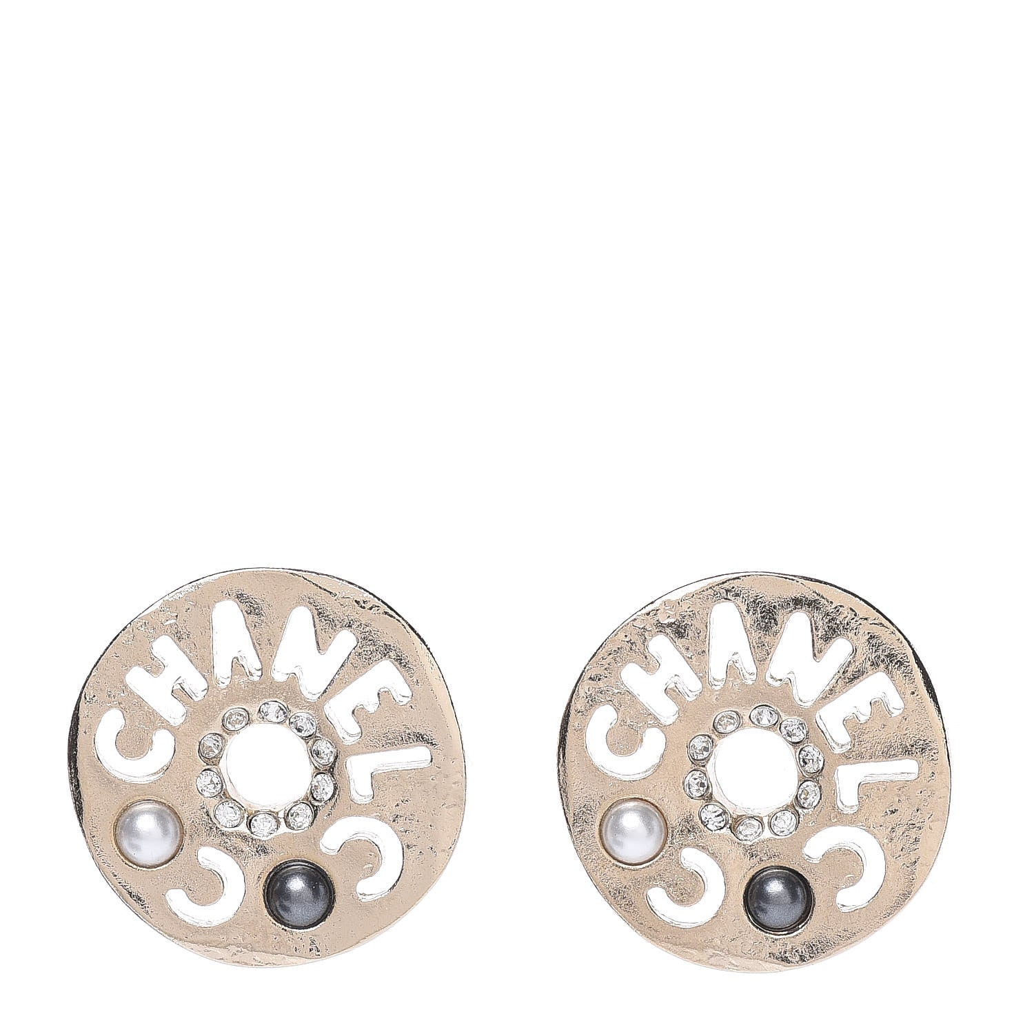 Chanel Crystal Pearl Papyrus Stud Earrings Gold Grey 1 of 5