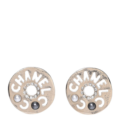 Chanel Crystal Pearl Papyrus Stud Earrings Gold Grey 1 of 5