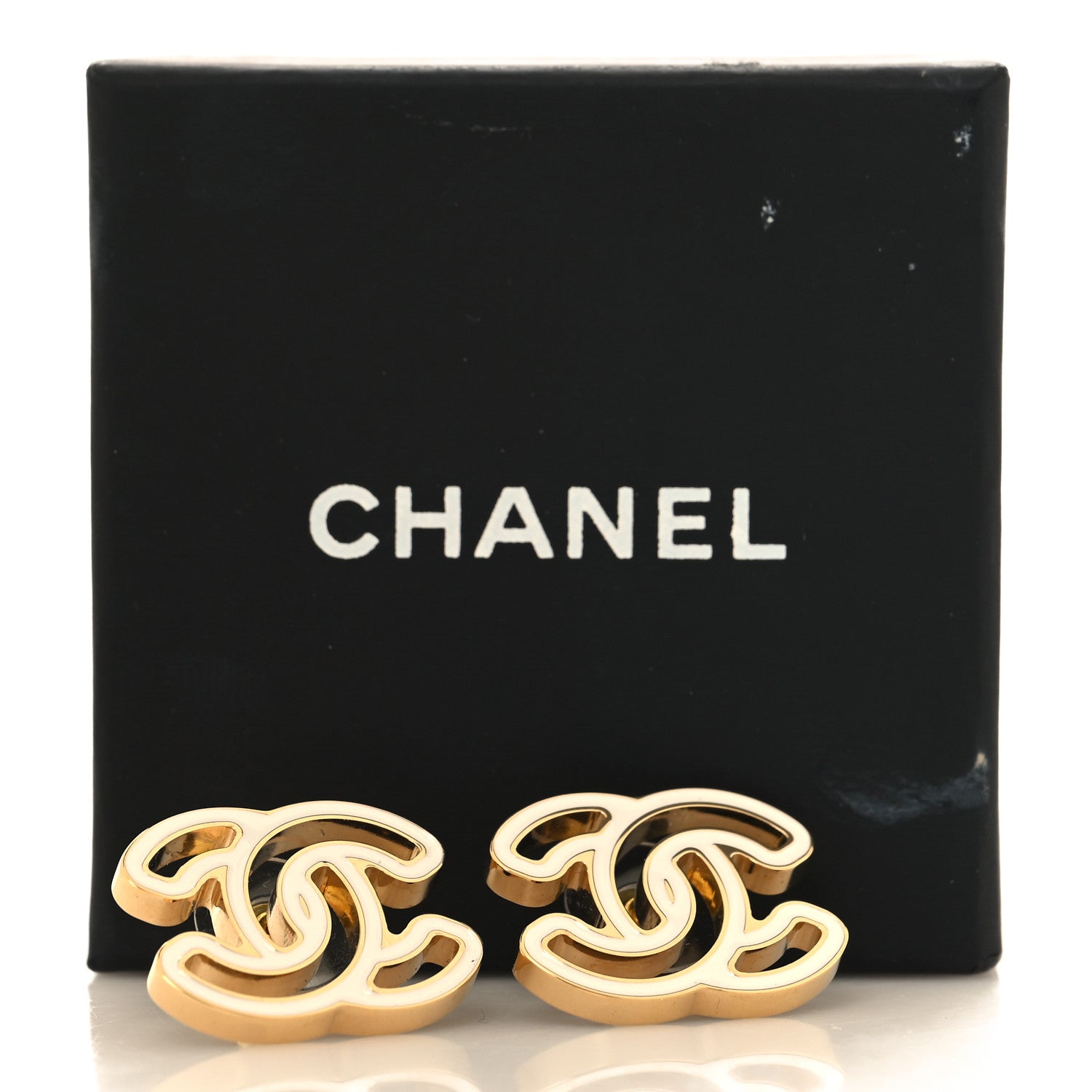 Chanel Enamel Cutout CC Earrings Gold White 5 of 5