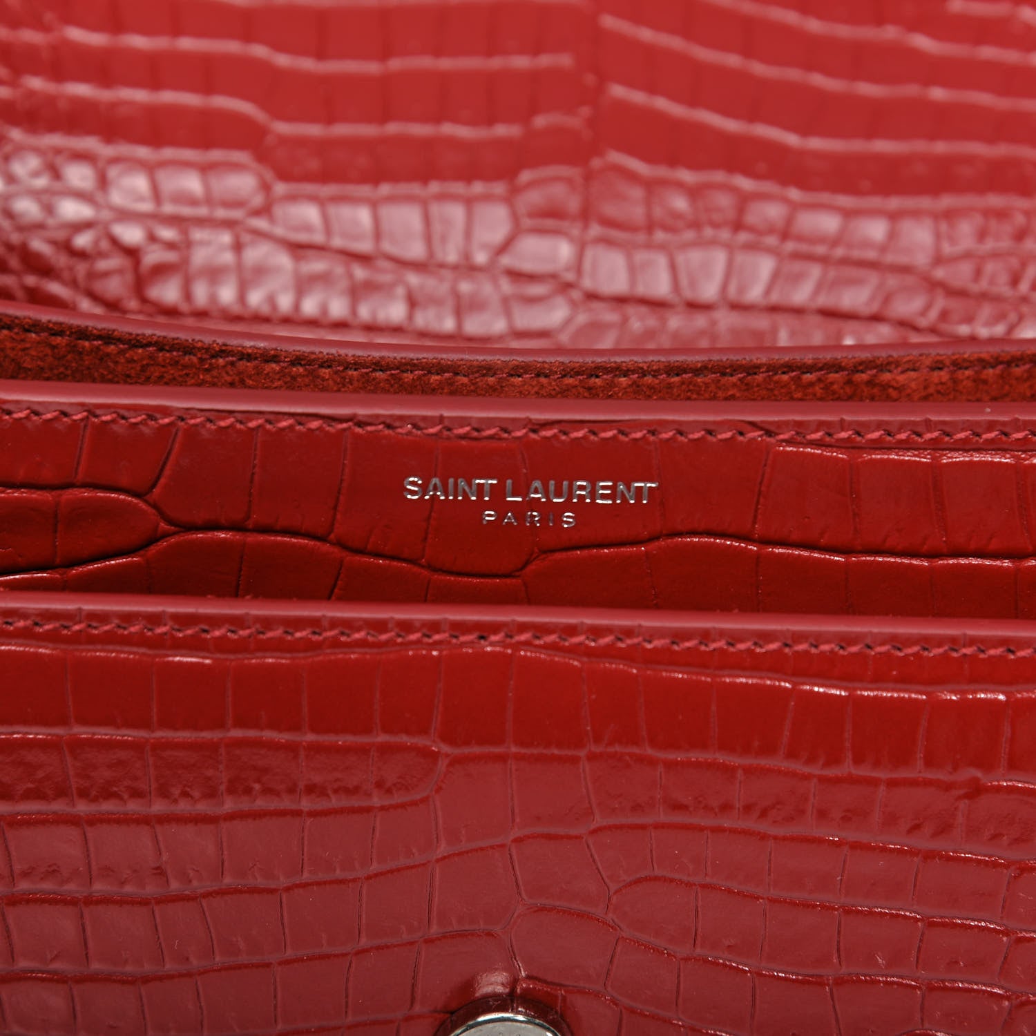 Saint Laurent Calfskin Crocodile Embossed Medium Monogram Sunset Rouge Eros 7 of 10