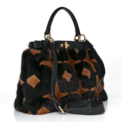 Fendi Mink Velvet Vitello Seta Inlaid Medium Peekaboo Iconic Satchel Tobacco Moro Black 2 of 8