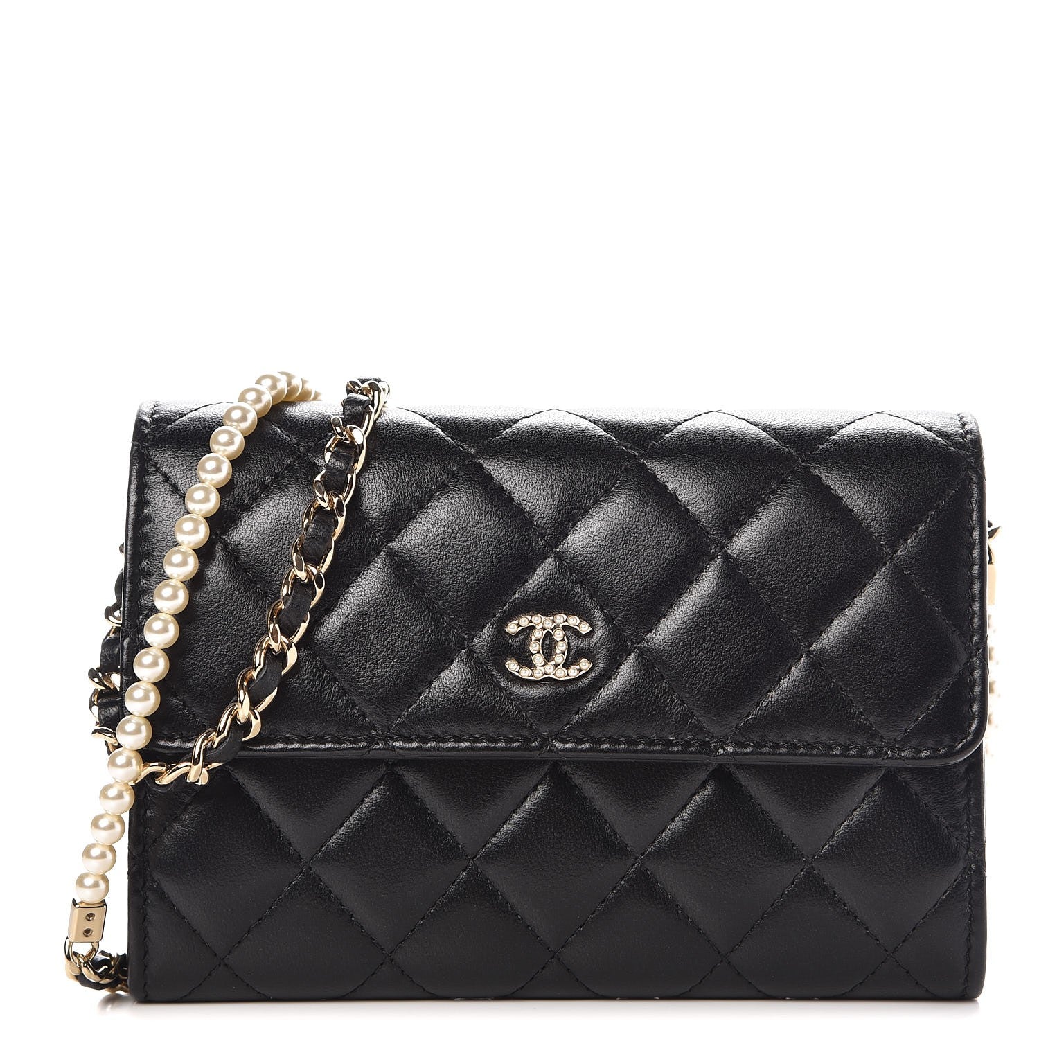 Chanel Lambskin Quilted Small Clutch With Pearl Chain Black 1 of 9