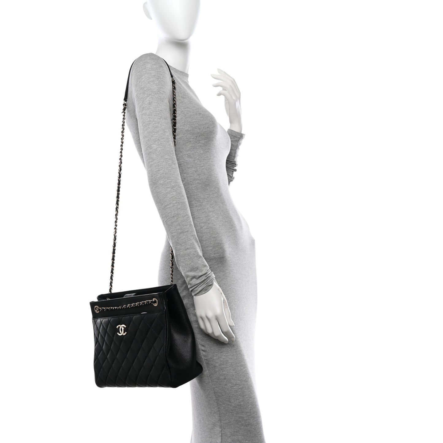 Caviar Quilted In Out Flap Shopping Tote Black