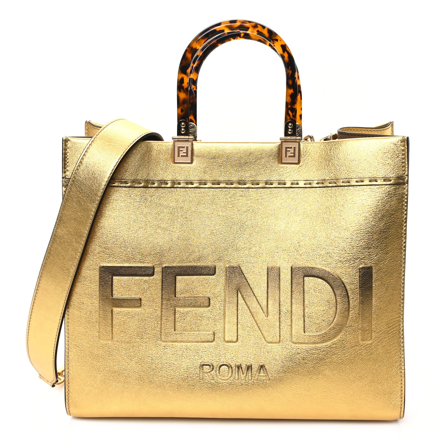 Vitello Catalan Mirror Plexiglass Logo Embossed Medium Fendi Sunshine Shopper Tote Gold