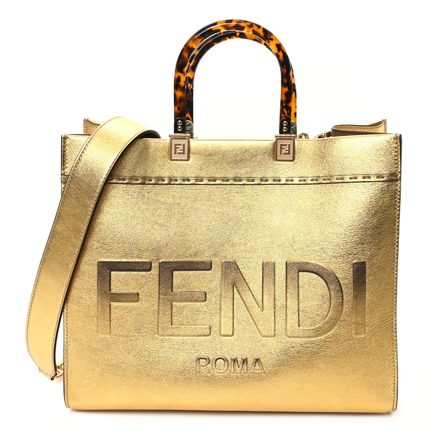 Fendi Vitello Catalan Mirror Plexiglass Logo Embossed Medium Fendi Sunshine Shopper Tote Gold 1 of 12