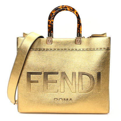 Fendi Vitello Catalan Mirror Plexiglass Logo Embossed Medium Fendi Sunshine Shopper Tote Gold 1 of 12