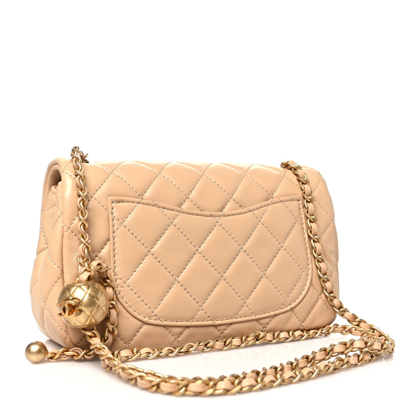 Lambskin Quilted Mini Rectangular Pearl Crush Flap Beige