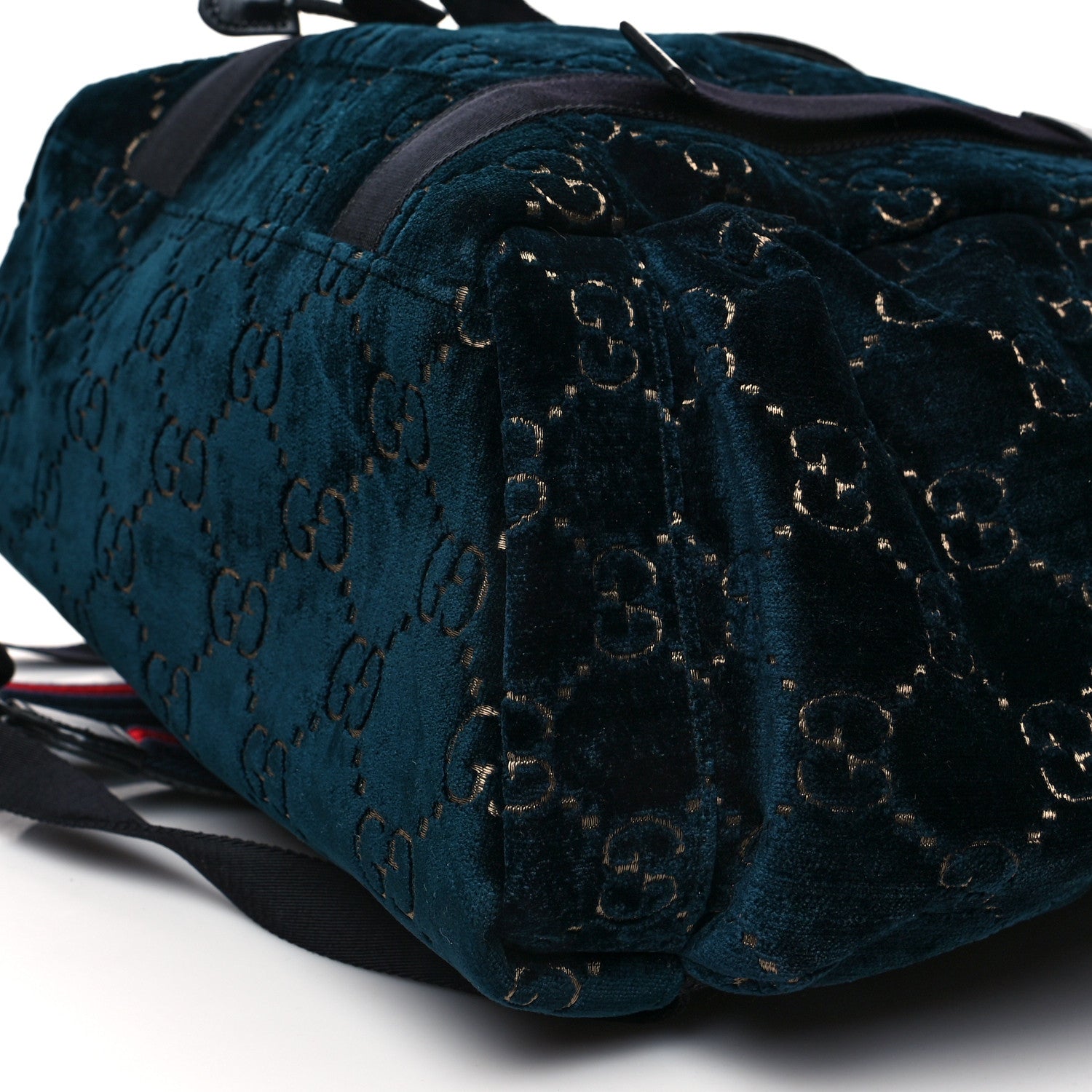 Gucci Velvet GG Monogram Web Medium Double Buckle Backpack Blue Beige Black 10 of 10