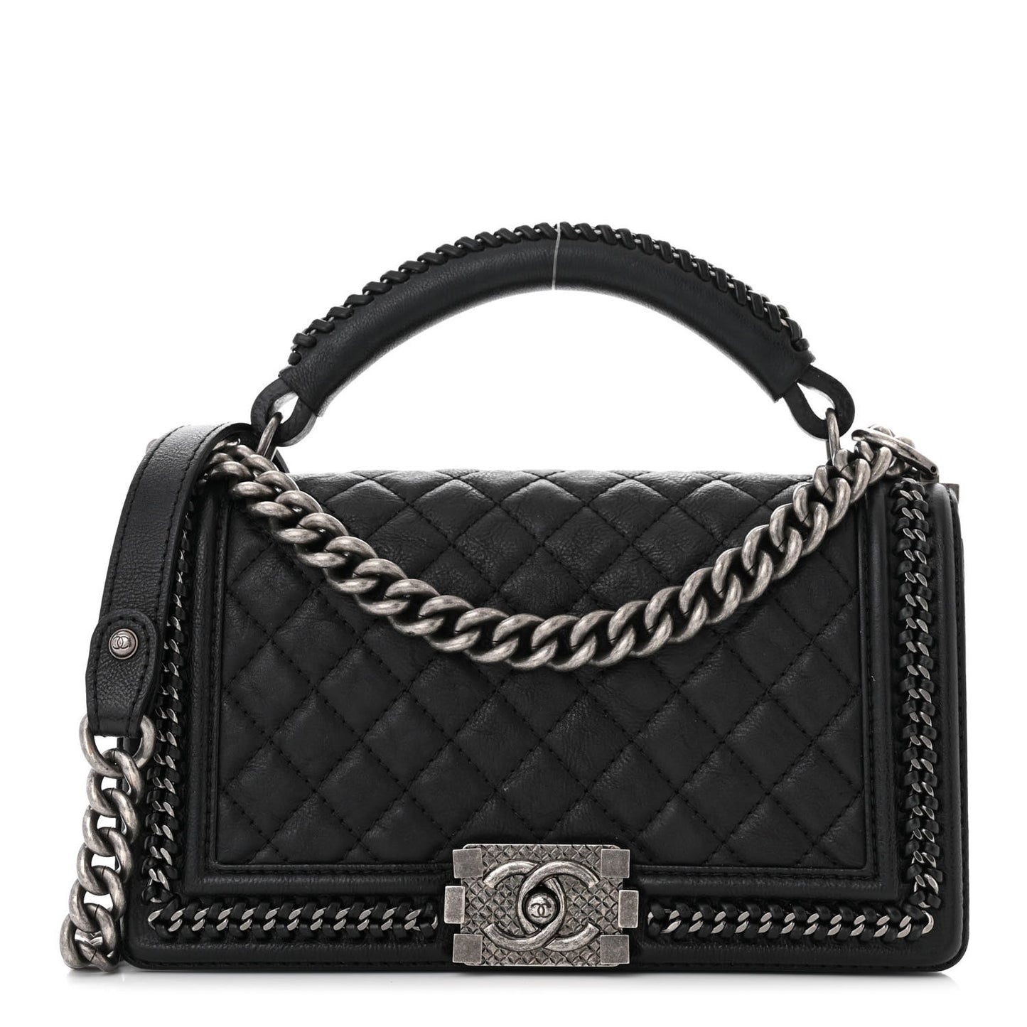 Goatskin Quilted Medium Top Handle Boy Flap Black