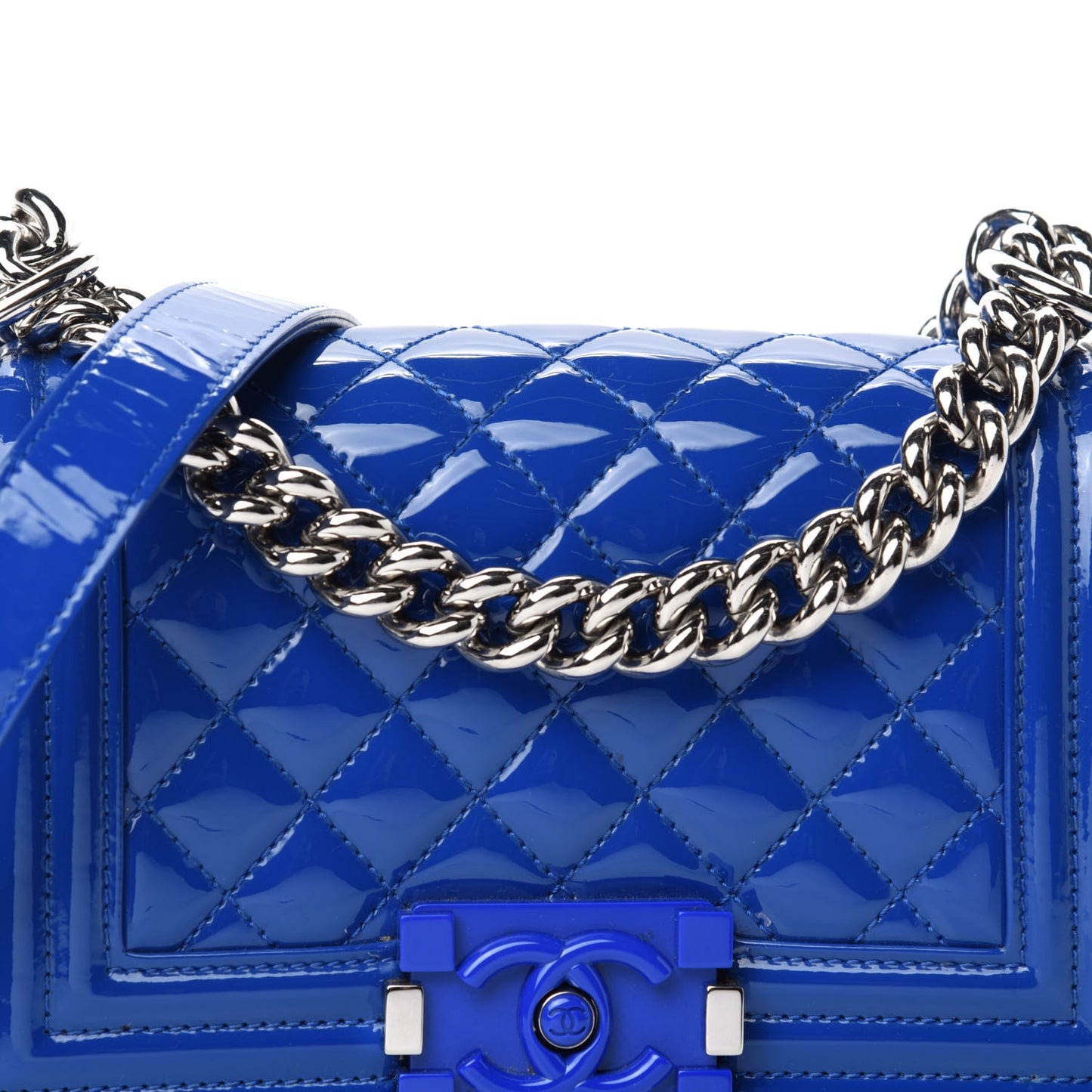 Patent Calfskin Quilted Small Plexiglass Boy Flap Blue