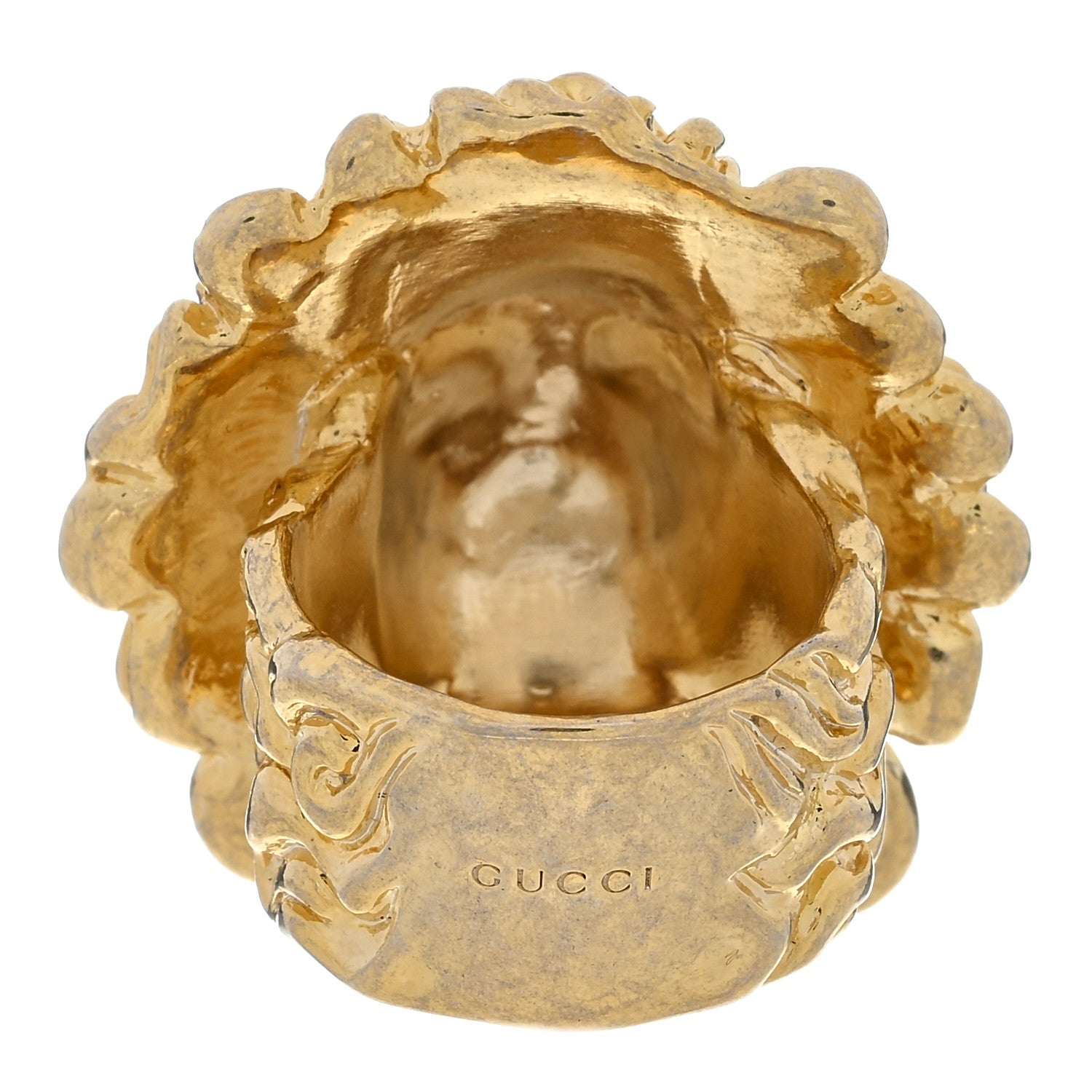 Gucci Metal Crystal Lion Head Ring 54 6.75 Green Aged Gold 3 of 5