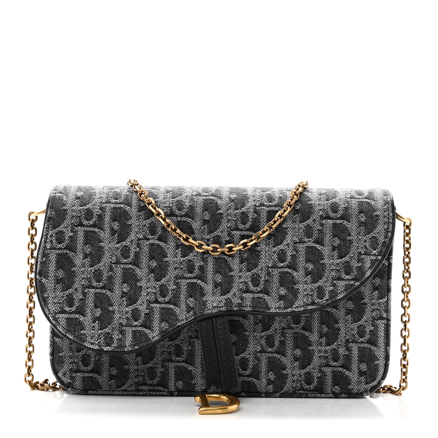 Oblique Denim Small Saddle Pouch with Chain Grey
