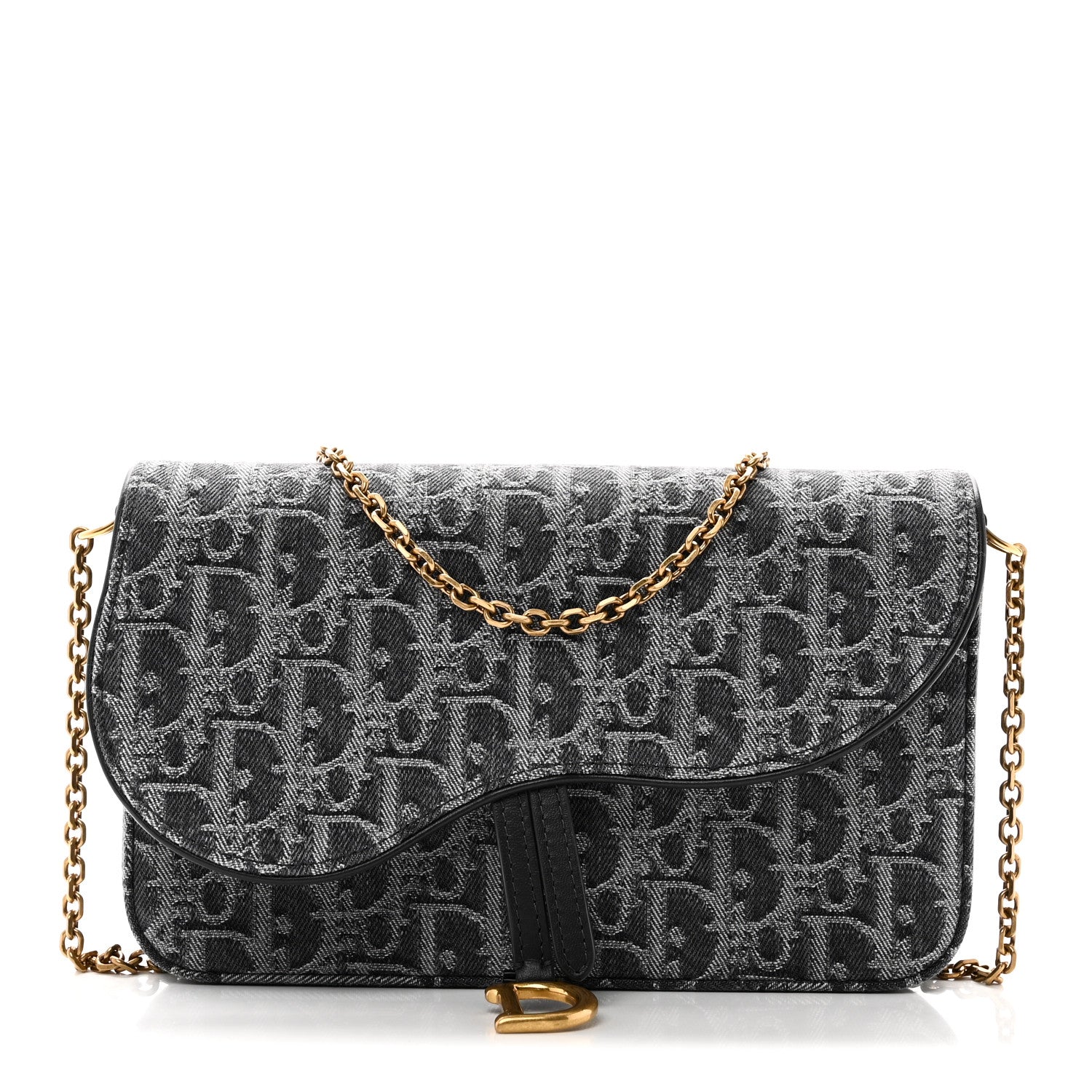 Christian Dior Oblique Denim Small Saddle Pouch with Chain Grey 1 of 10