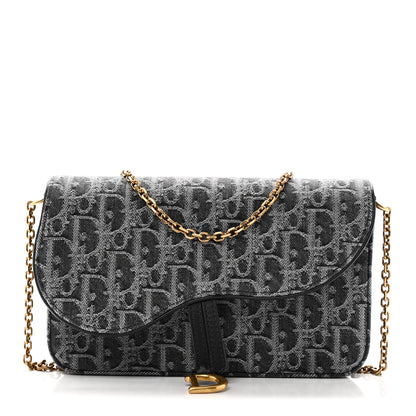 Christian Dior Oblique Denim Small Saddle Pouch with Chain Grey 1 of 10