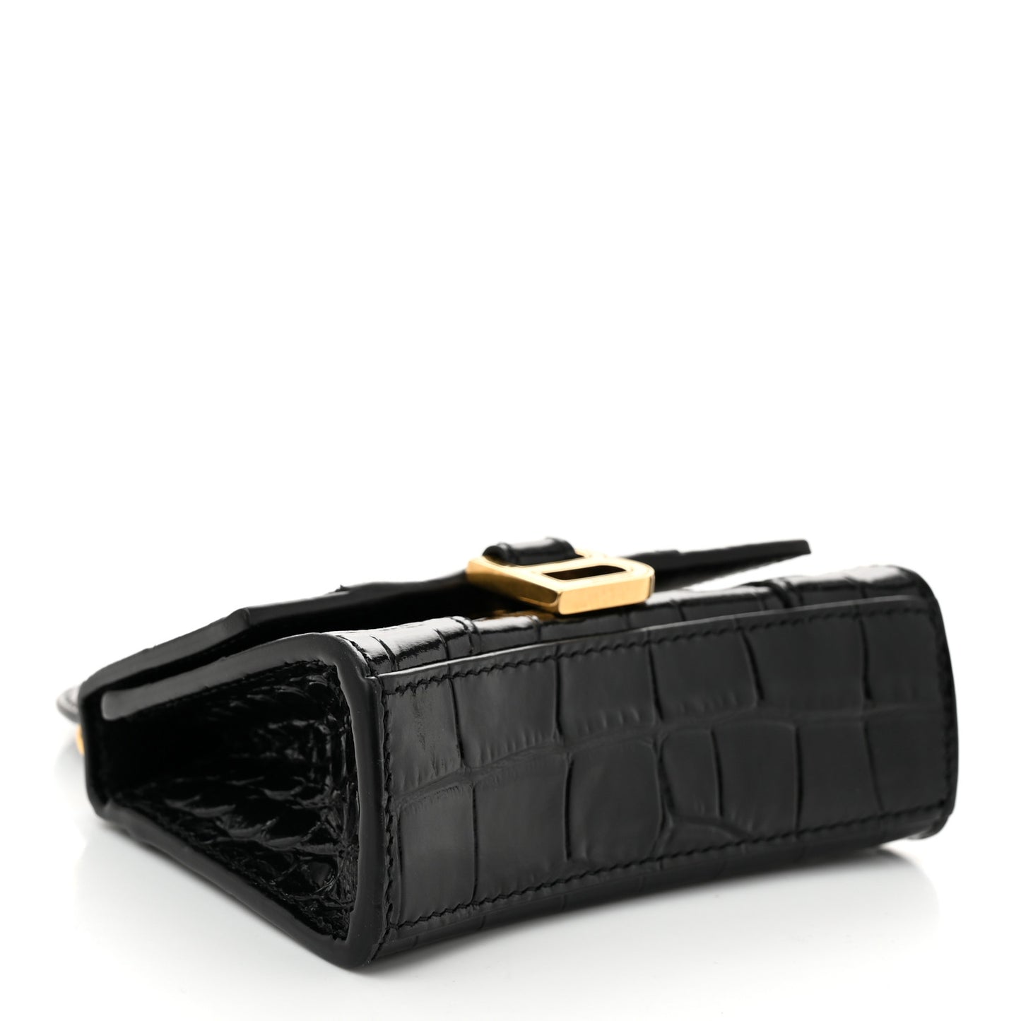 Shiny Calfskin Crocodile Embossed Hourglass Top Handle Bag Mini with Chain Black