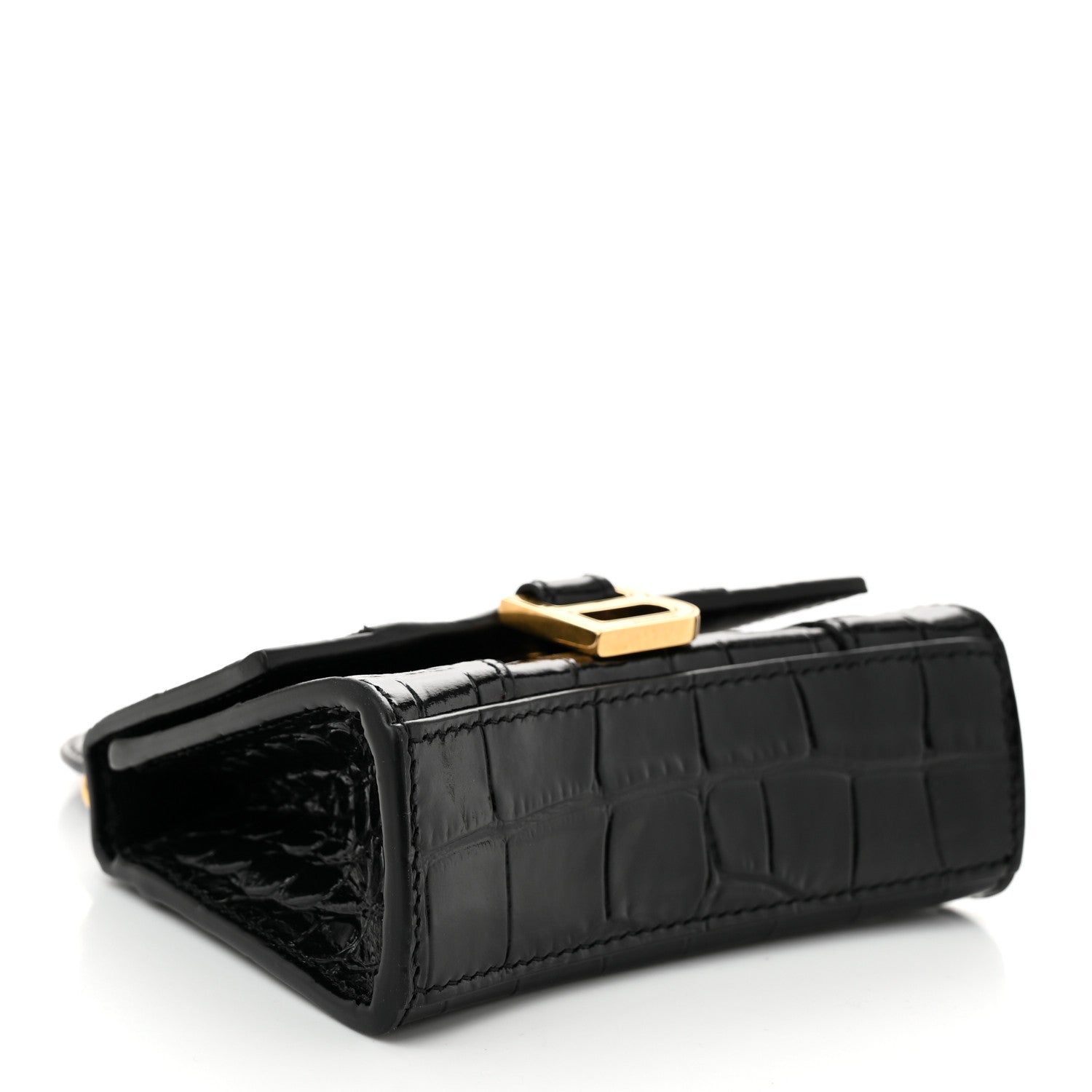 Balenciaga Shiny Calfskin Crocodile Embossed Hourglass Top Handle Bag Mini with Chain Black 4 of 9