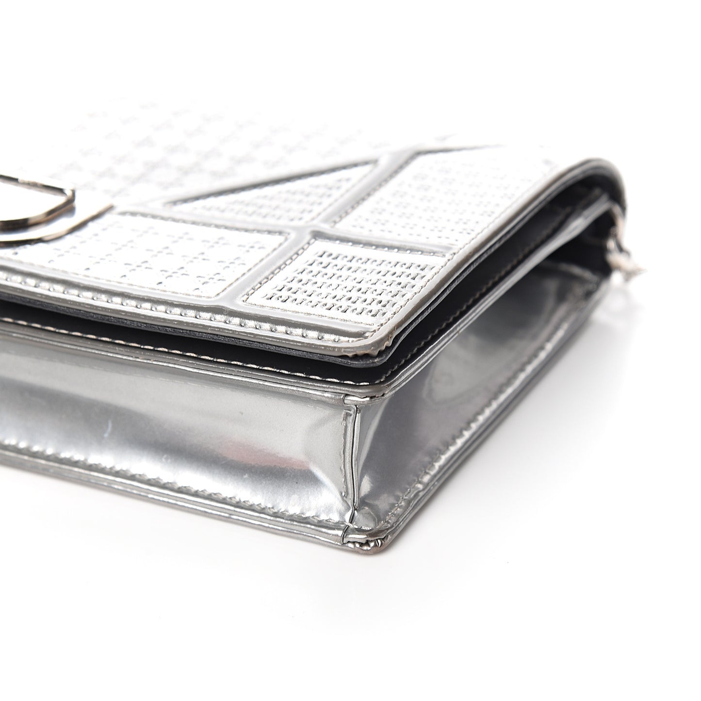 Metallic Patent Micro-Cannage Diorama Wallet on Chain Pouch Silver