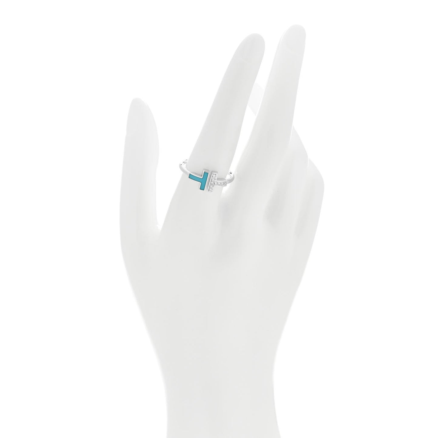 18K White Gold Diamond Turquoise T Wire Ring 58 8.25