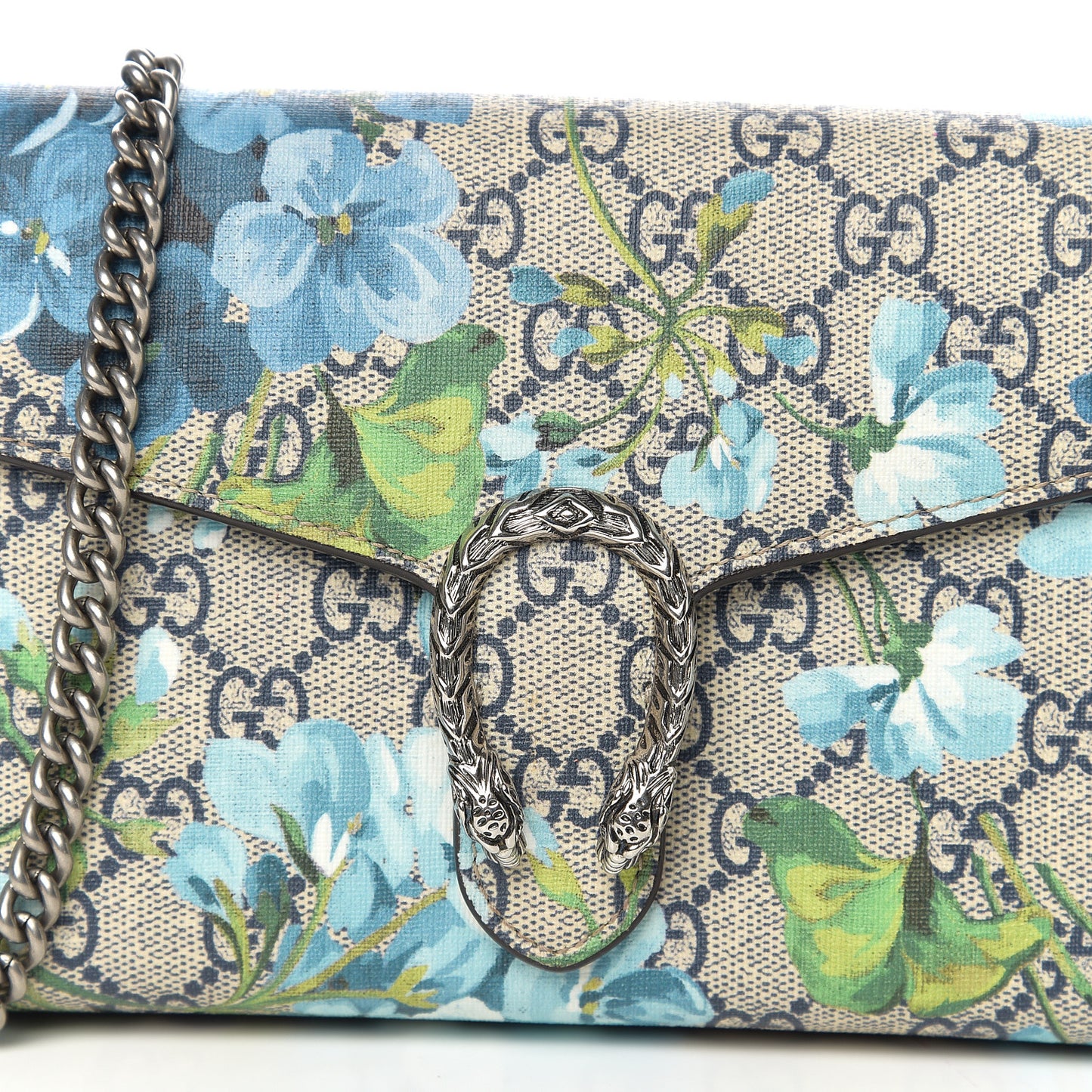 GG Supreme Monogram Blooms Mini Dionysus Chain Wallet Beige Blue Navy Vintage Blue