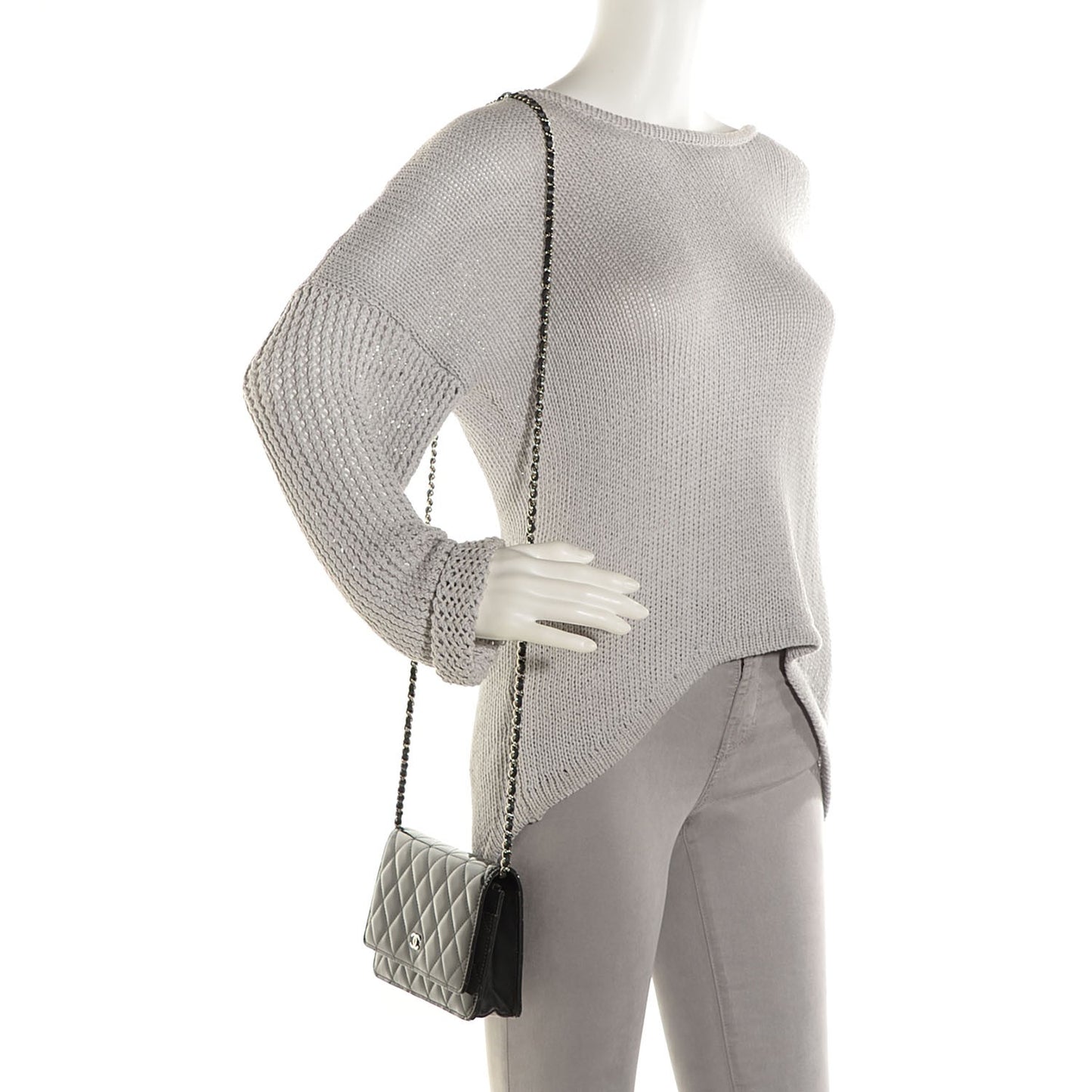 Patent Quilted Wallet On Chain WOC Dark Grey
