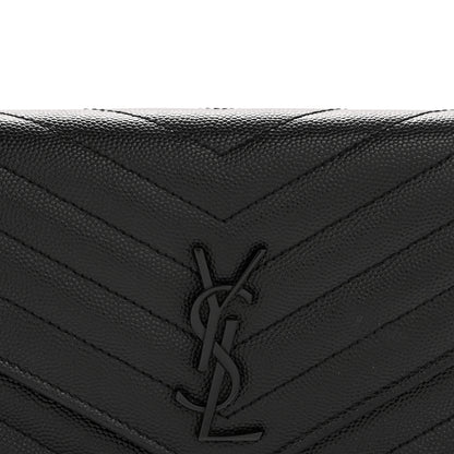 Saint Laurent Grain De Poudre Matelasse Chevron Monogram Monochrome Envelope Chain Wallet Black 8 of 13