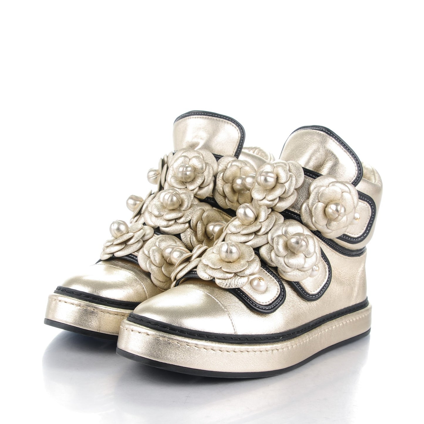 Metallic Lambskin Camellia High Top Sneakers 37 Gold