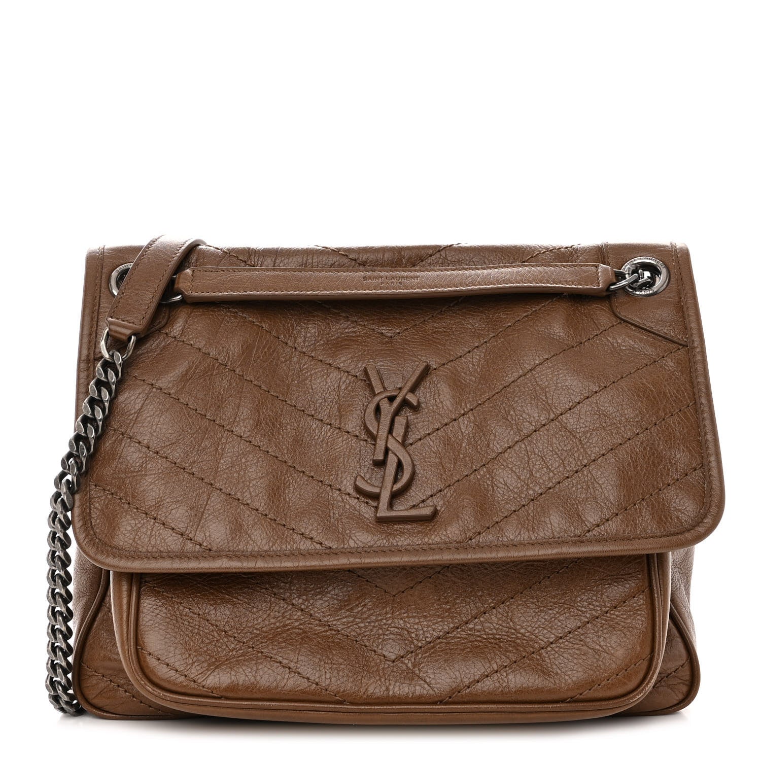Saint Laurent Crinkled Calfskin Matelasse Monogram Medium Niki Chain Satchel Tan Brown 1 of 10