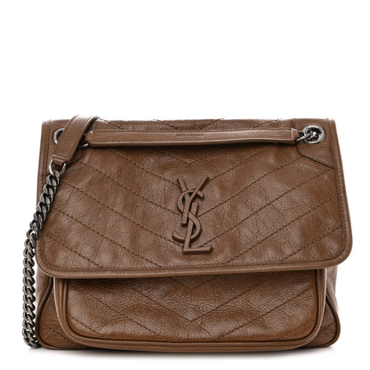Saint Laurent Crinkled Calfskin Matelasse Monogram Medium Niki Chain Satchel Tan Brown 1 of 10