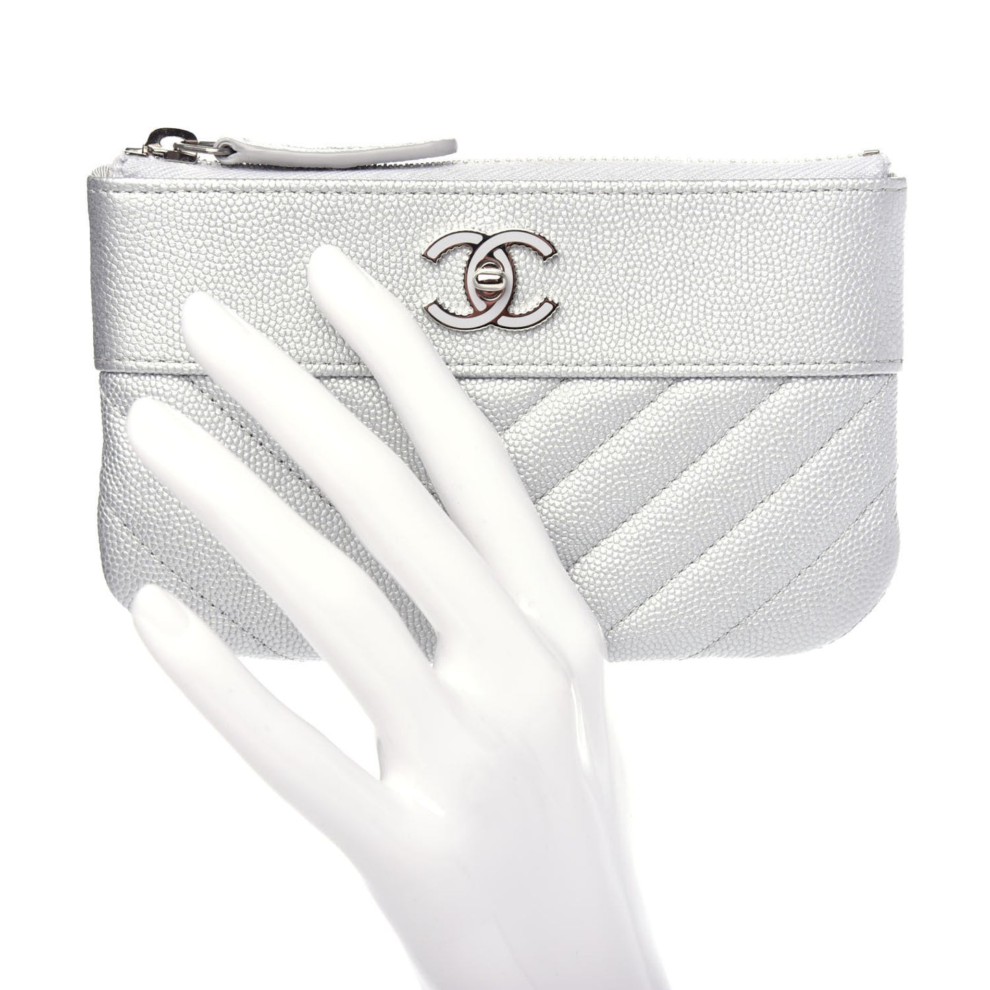 Metallic Caviar Chevron Quilted Small Vintage Mademoiselle Cosmetic Case Silver
