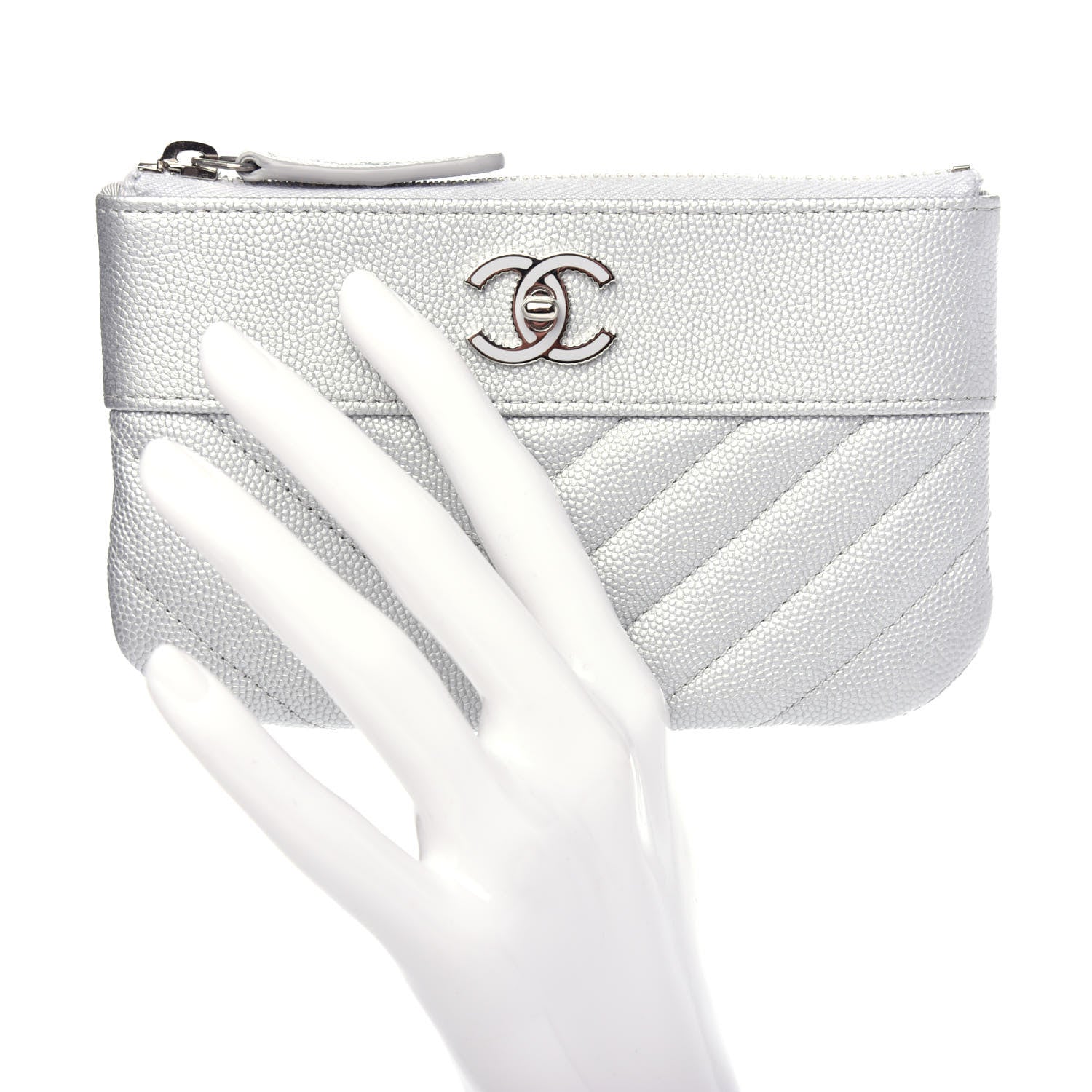 Chanel Metallic Caviar Chevron Quilted Small Vintage Mademoiselle Cosmetic Case Silver 2 of 8