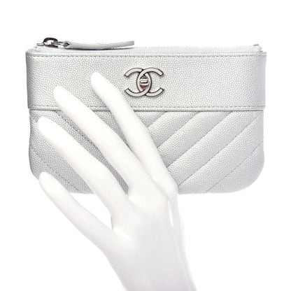 Chanel Metallic Caviar Chevron Quilted Small Vintage Mademoiselle Cosmetic Case Silver 2 of 8