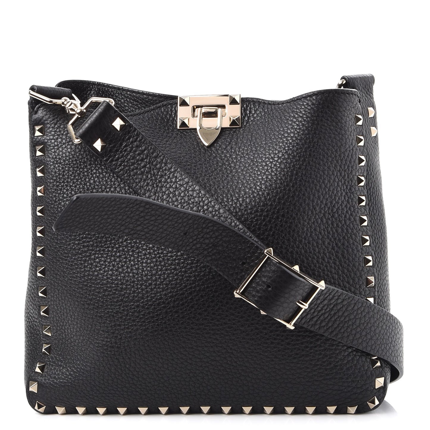 Pebbled Calfskin Small Rockstud Flip-Lock Messenger Bag Black
