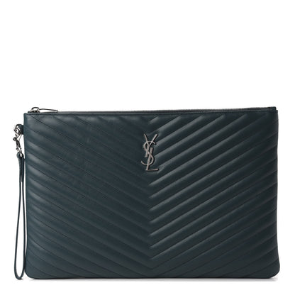 Saint Laurent Calfskin Matelasse Chevron Monogram Document Holder Dark Green 1 of 9