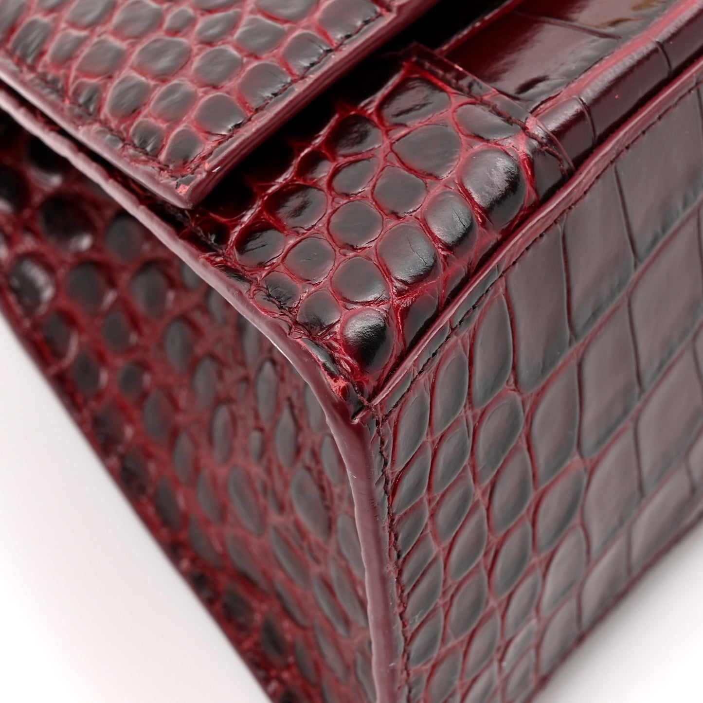 Shiny Calfskin Crocodile Embossed Small Hourglass Top Handle Bag Dark Red