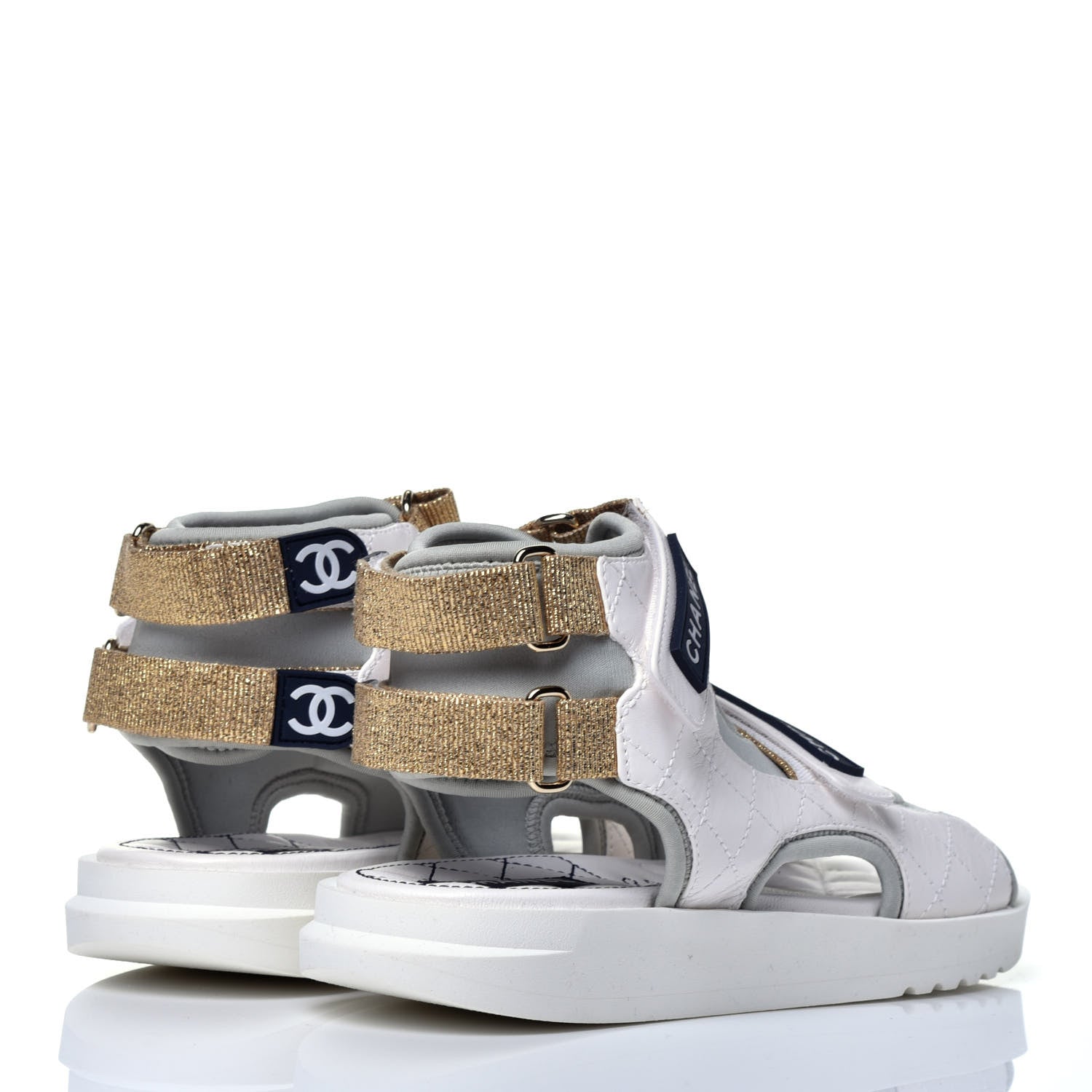 Chanel Goatskin Fabric Gladiator Sandals 37.5 White Light Grey Navy Blue 4 of 8