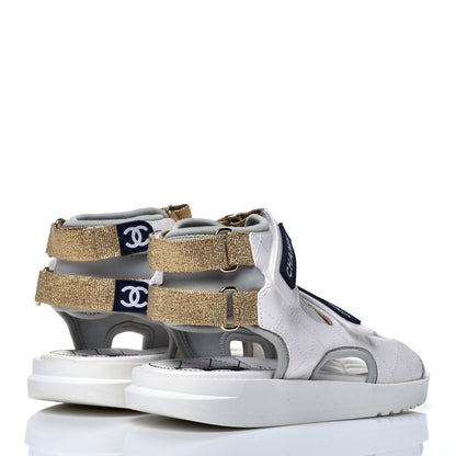 Chanel Goatskin Fabric Gladiator Sandals 37.5 White Light Grey Navy Blue 4 of 8