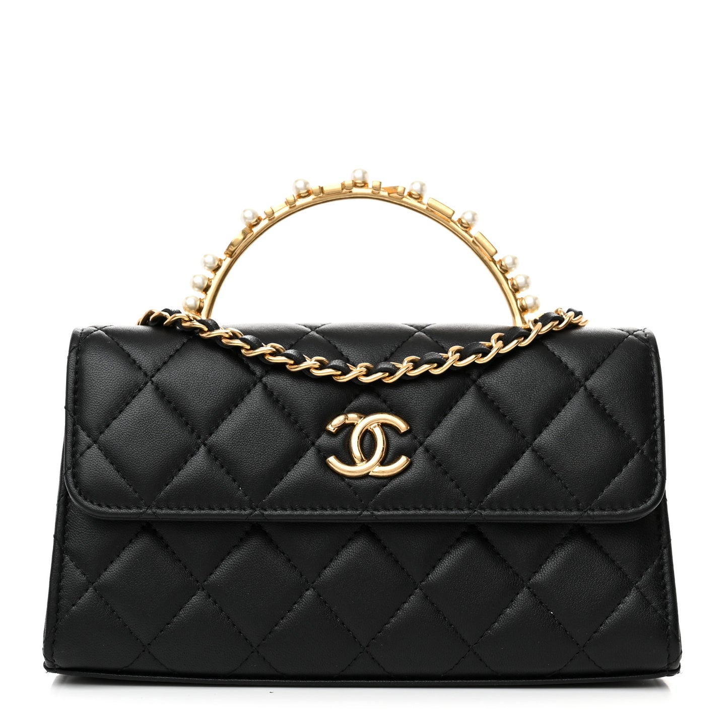 Lambskin Pearl Crystal Quilted Pearly Girl Handle Flap Phone Holder With Chain Black
