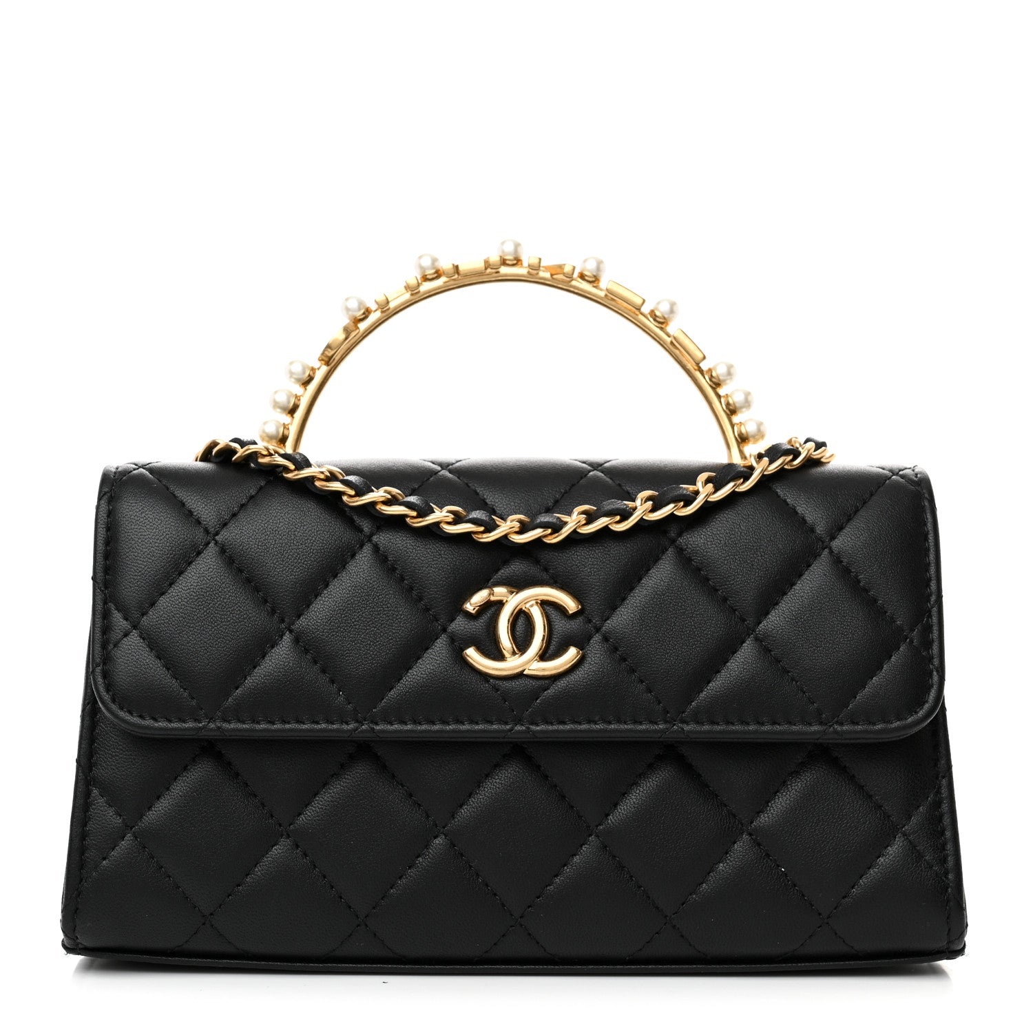 Chanel Lambskin Pearl Crystal Quilted Pearly Girl Handle Flap Phone Holder With Chain Black 1 of 12