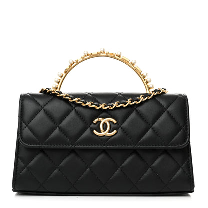 Chanel Lambskin Pearl Crystal Quilted Pearly Girl Handle Flap Phone Holder With Chain Black 1 of 12