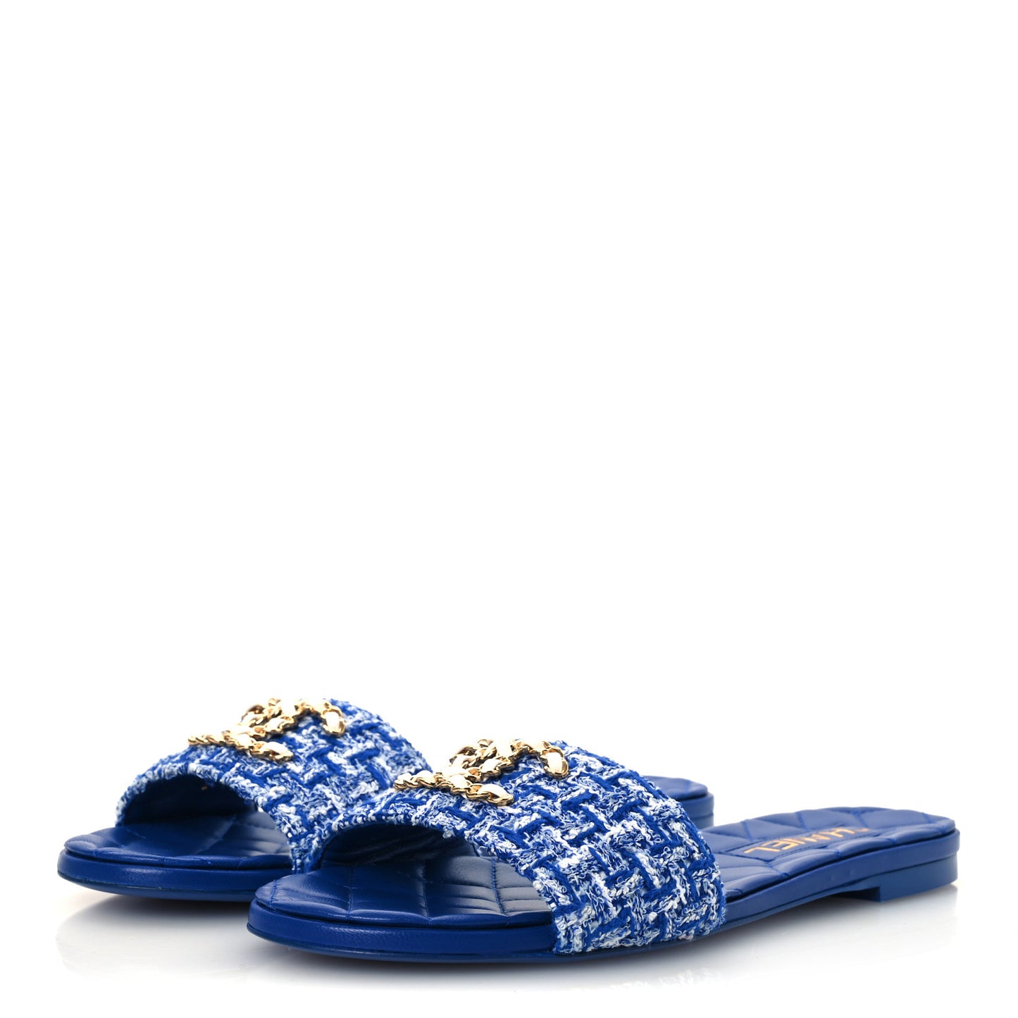 Cotton Tweed Chain CC Mule Sandals 38.5 Blue White