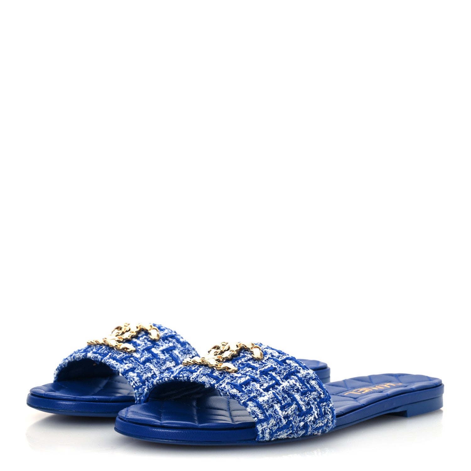 Chanel Cotton Tweed Chain CC Mule Sandals 38.5 Blue White 4 of 12