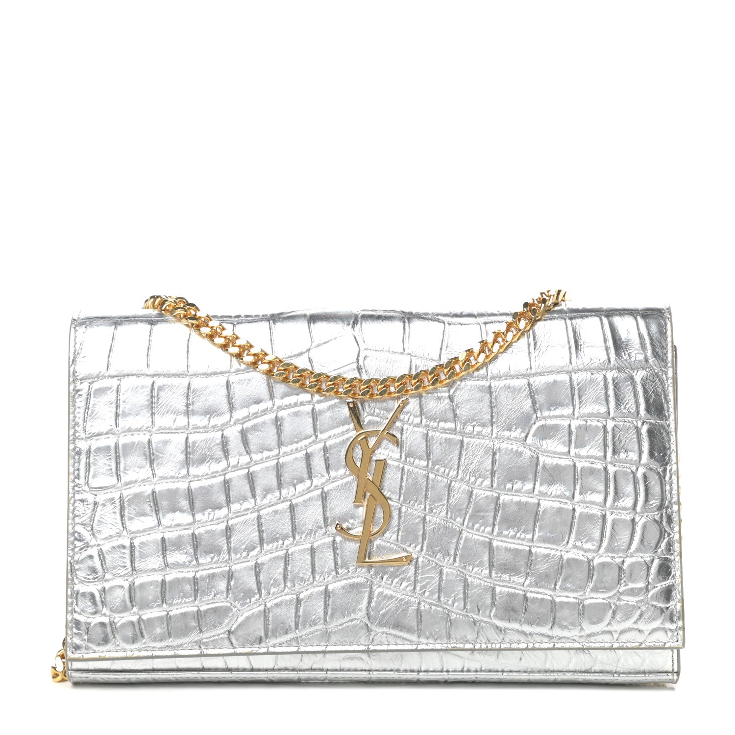 Saint Laurent Calfskin Crocodile Embossed Monogram Chain Wallet Argento 1 of 10