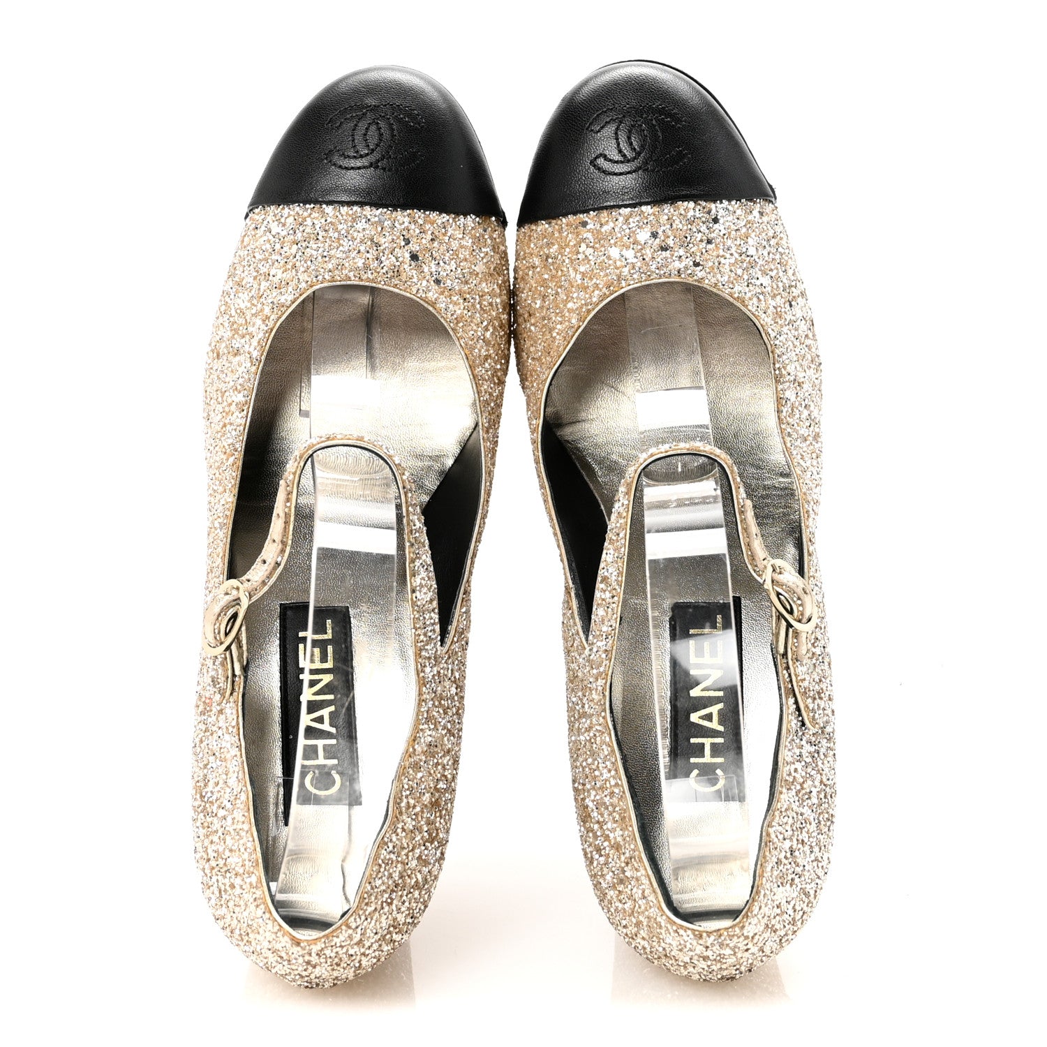 Chanel Glitter Lambskin Cap Toe CC Mary Jane Pumps 40 Light Gold Black 2 of 9