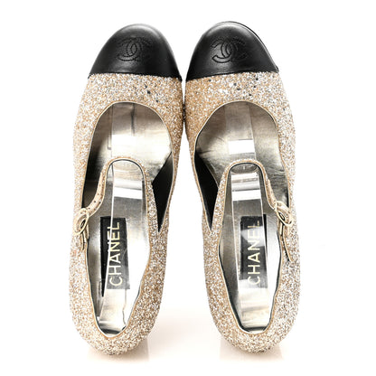 Chanel Glitter Lambskin Cap Toe CC Mary Jane Pumps 40 Light Gold Black 2 of 9