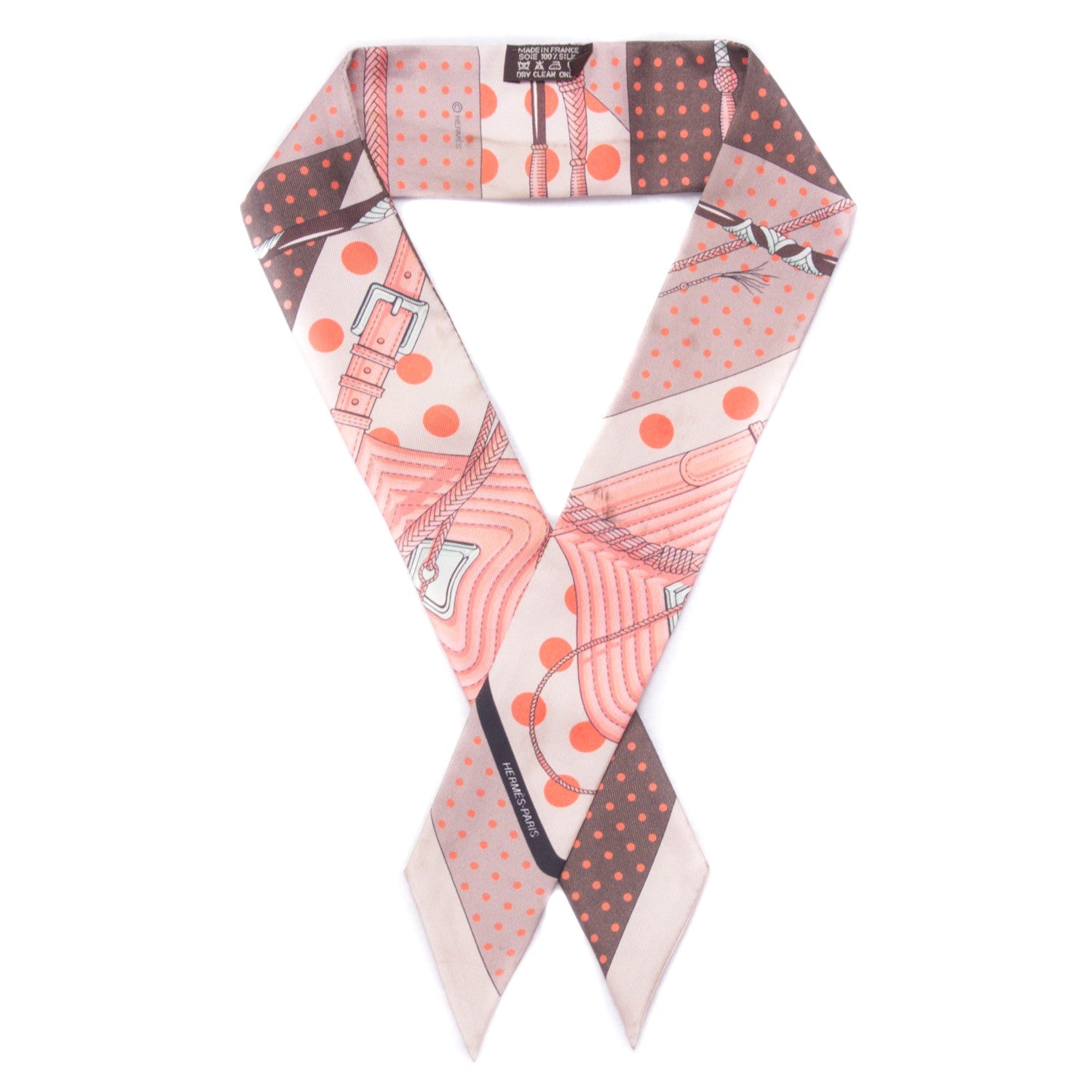 Hermes Silk Clic Clac a Pois Twilly Rose Nacre Marron Corail 1 of 7