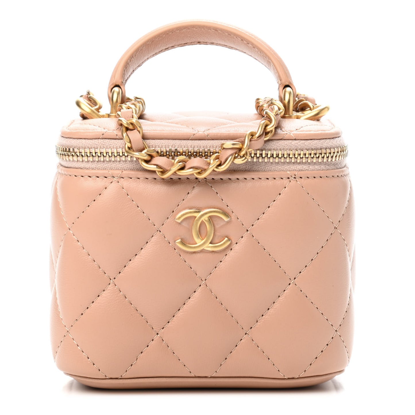 Lambskin Quilted Top Handle Mini Vanity Case With Chain Beige