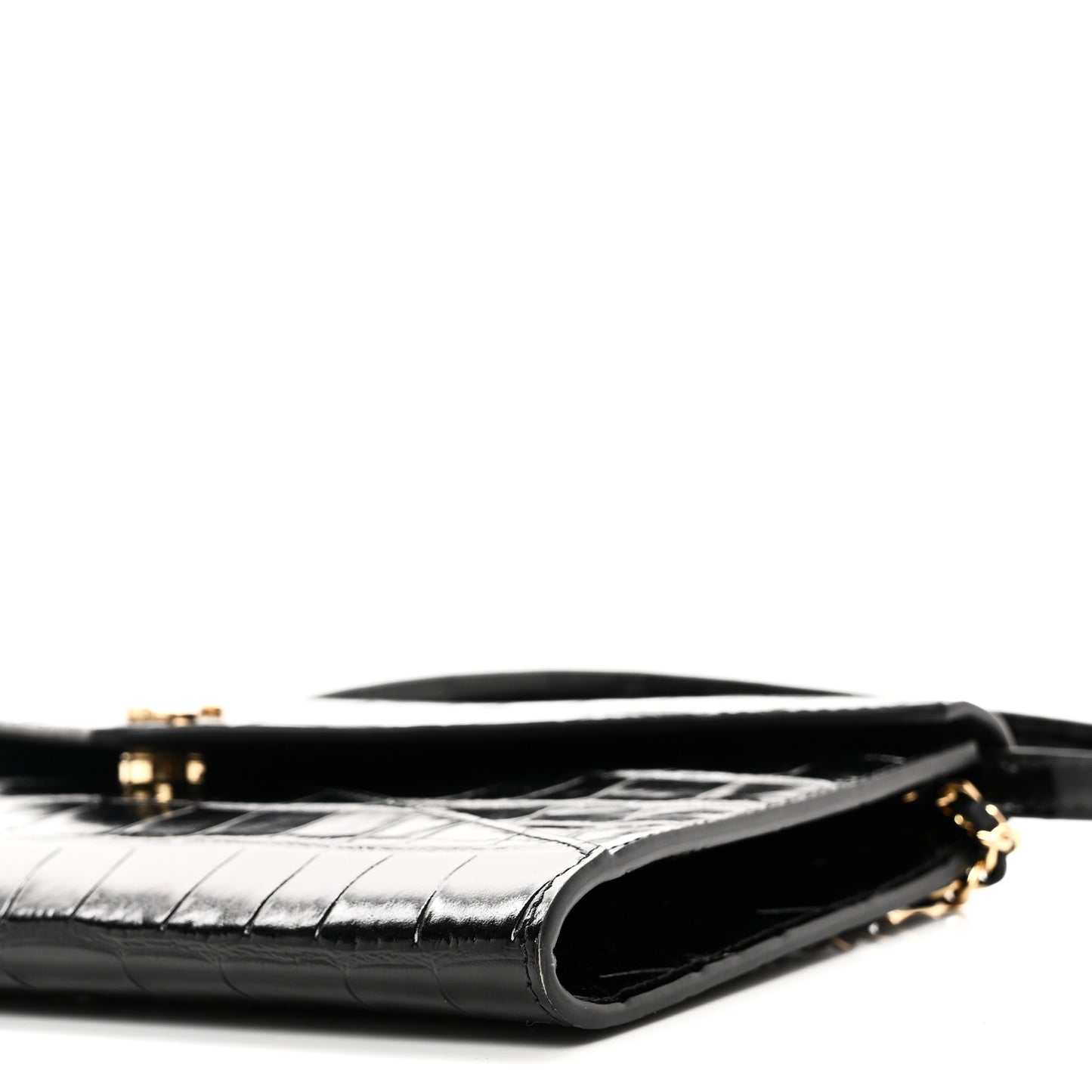 Calfskin Crocodile Embossed Envelope Clutch With Strap Black