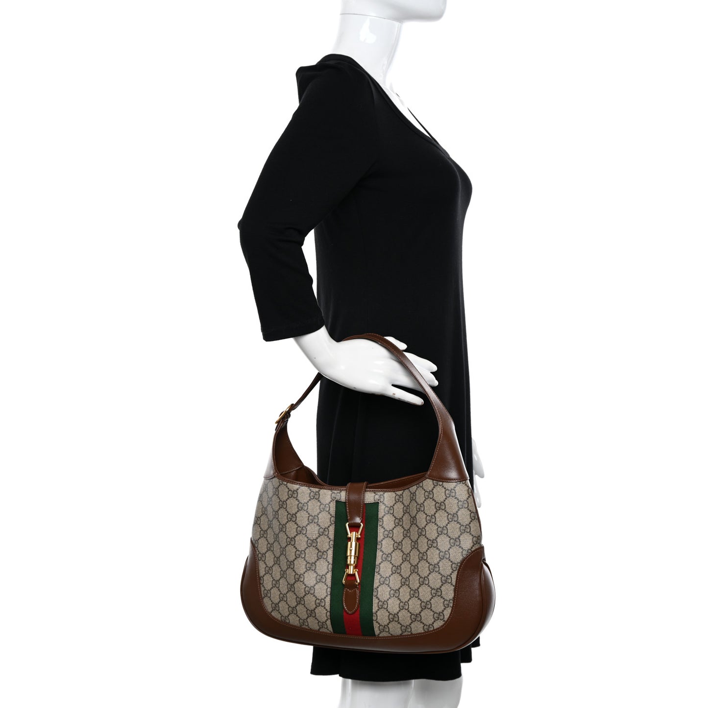 GG Supreme Monogram Azalea Calfskin Web Medium Jackie 1961 Hobo Beige Ebony Brown Sugar