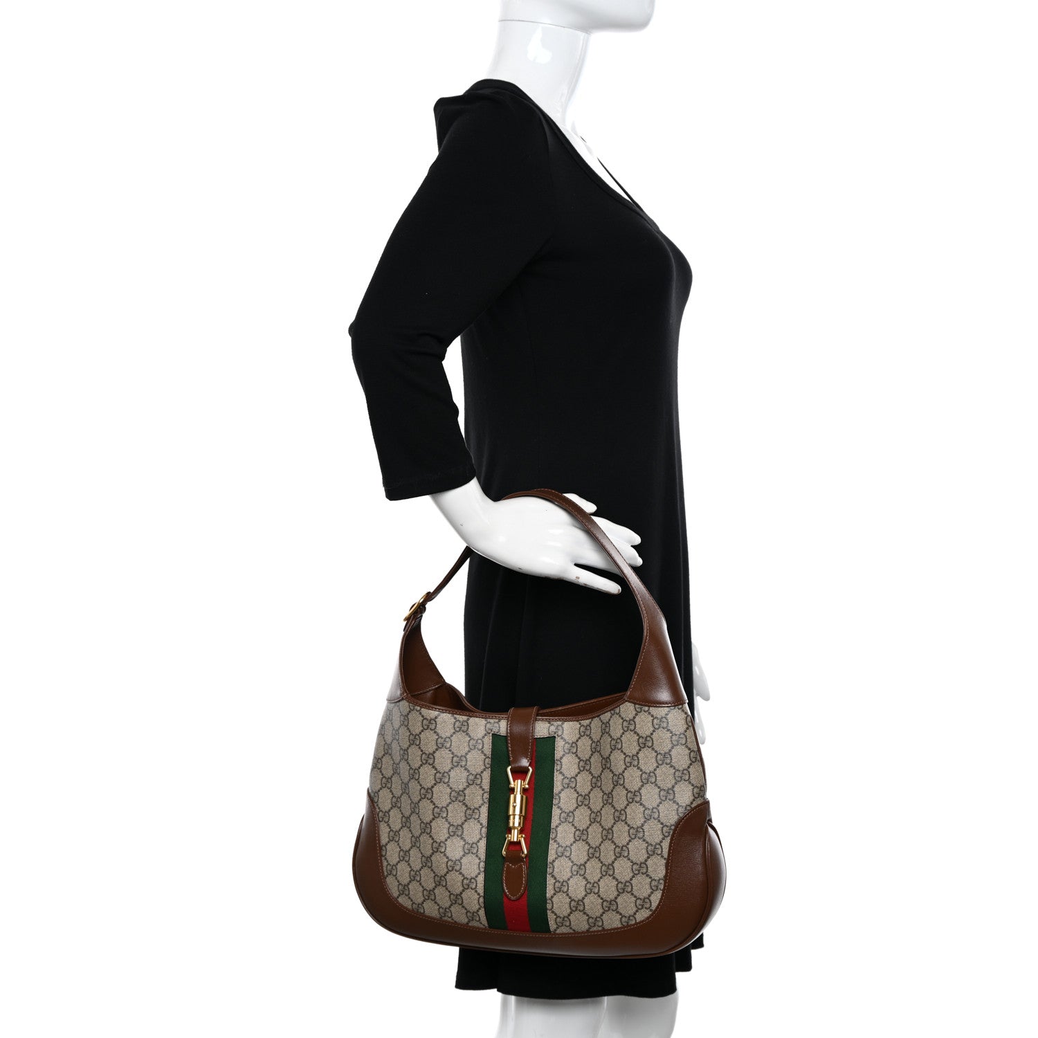 Gucci GG Supreme Monogram Azalea Calfskin Web Medium Jackie 1961 Hobo Beige Ebony Brown Sugar 2 of 14