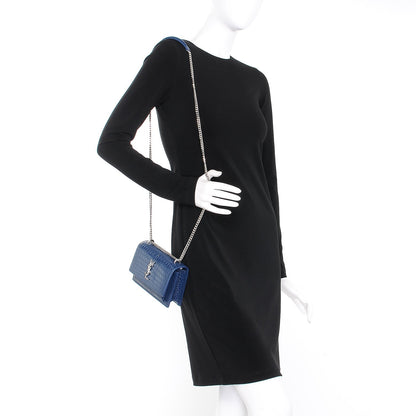 Saint Laurent Calfskin Crocodile Embossed Monogram Sunset Chain Wallet Denim 2 of 8